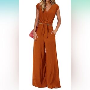 Women's 2 Piece Outfit Cap Sleeve V Neck Crop Top Wide Leg Pant Set Orange